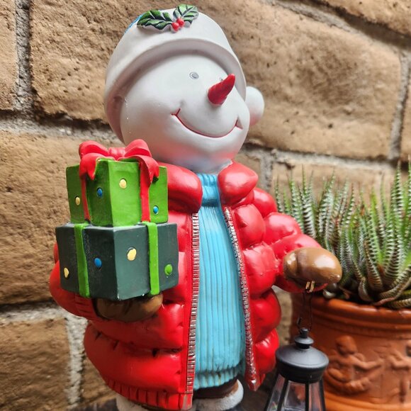 Whimsical Frosty Snowman Statue With Solar Lantern 12" H - Picture 3 of 7